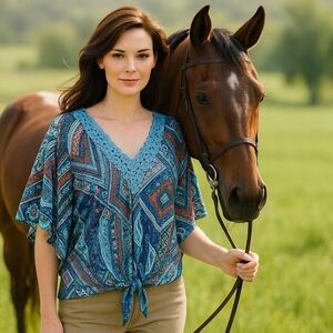 OneWorld Medium Blue Boho Patchwork Lace Tie-Front Top Festival Hippie Style Y2K